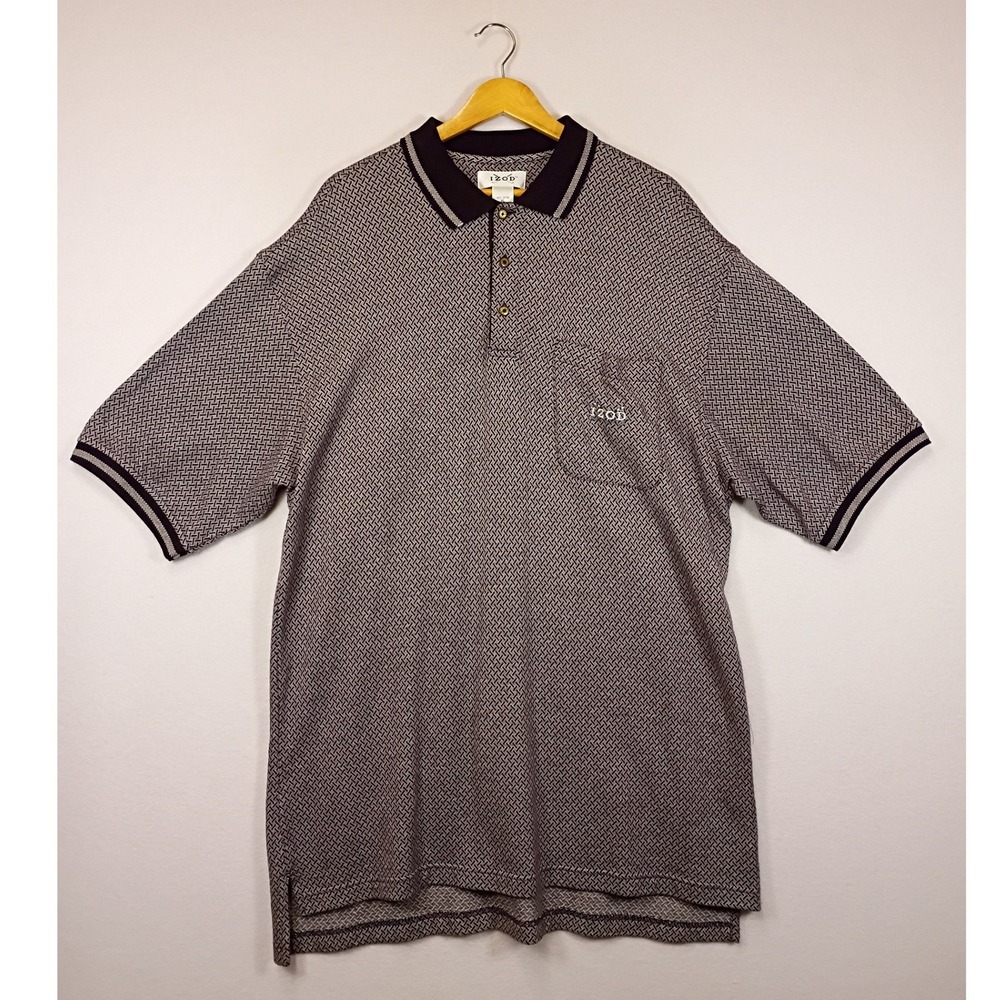 Vintage Aesthetic IZOD Mens XL Navy Blue Geometric Textured Pocket Polo Shirt